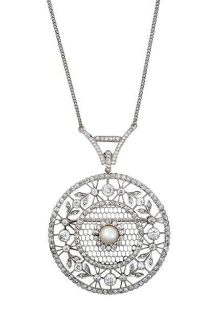 Spilla/collana edoardiana con diamanti e perla col