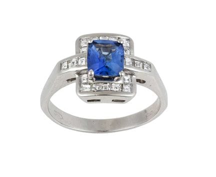Anello in oro bianco 14 carati con zaffiro e diama