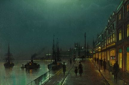 威尔弗雷德·詹金斯（1857-1936）《海滨夜曲与店铺林立的街道》 署名，布面油画，39厘米×59