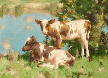 David Gauld (1865-1936) Scottish Two calves by a w