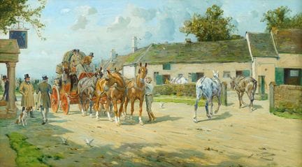 George Wright (1860-1942) Readying the stage coach