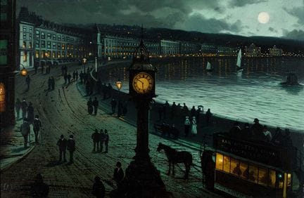 沃尔特·米根（1855-1944）《马恩岛道格拉斯海滨长廊的夜景》，署名，木板油画，28.5厘米×4