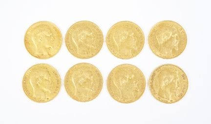 Set of eight 20-franc gold coins, Napoleon III bar