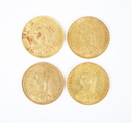 Set of four gold sovereigns, Victoria Jubilee Head