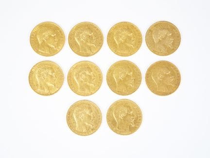Set of ten 20-franc gold coins, Napoleon III bareh