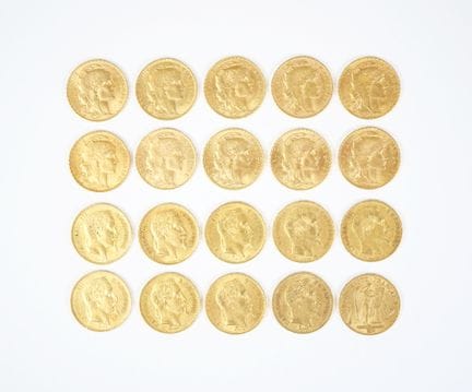 Set di venti monete da 20 franchi in oro, con le e