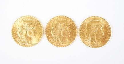 Set of three 20-franc gold coins, Marianne, 1914.