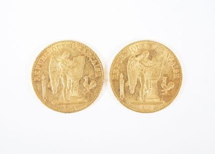 Two 20-franc gold coins, "Genius," 1893 A.