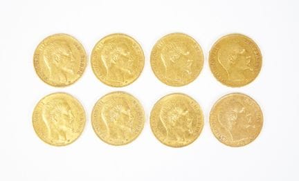 Set of eight 20-franc gold coins, Napoleon III bar