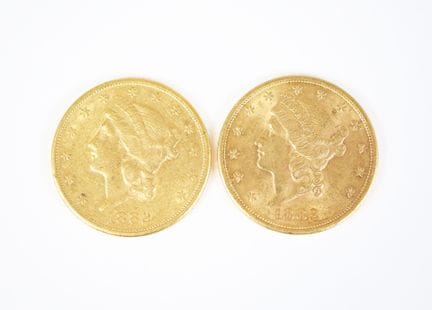 Due monete d'oro da 20 dollari USA, Liberty, 1882,