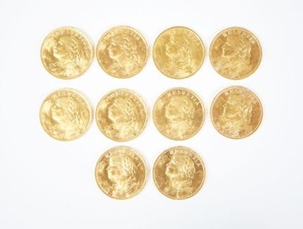 Set of ten 20-Swiss-franc gold coins, 1935.