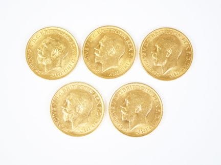 Serie di cinque monete da un sovrano in oro: Giorg