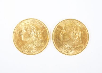 Two 20-Swiss-franc gold coins, 1922.