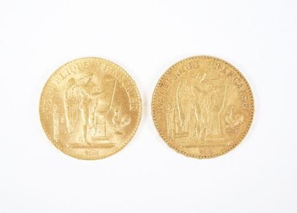 Two 20-franc gold coins, "Genius," 1897 A.