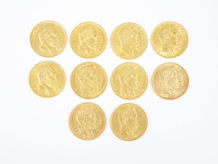 Set of ten 20-franc gold coins featuring Napoleon 