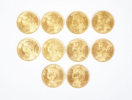 Set of ten 20-Swiss-franc gold coins, 1935.
