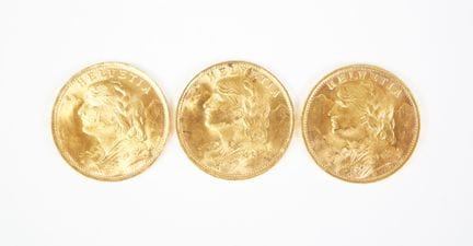 Set of three 20 Swiss franc gold coins, 1935.