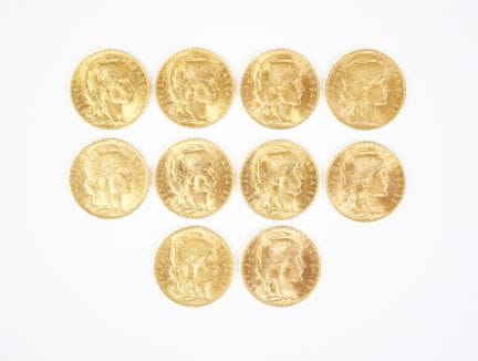 Set of ten 20-franc gold coins, Marianne, 1907 (6)