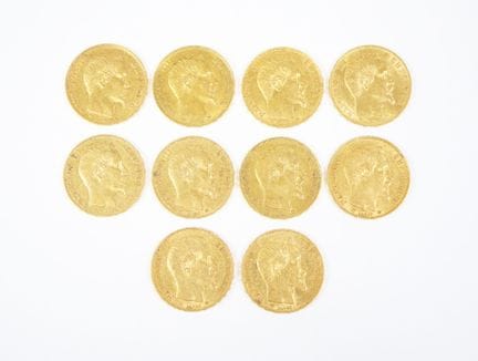 Set of ten 20-franc gold coins featuring Napoleon 