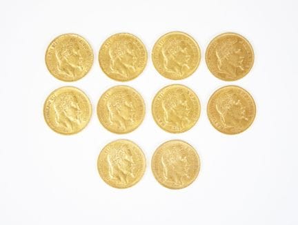 Set of ten 20-franc gold coins featuring Napoleon 