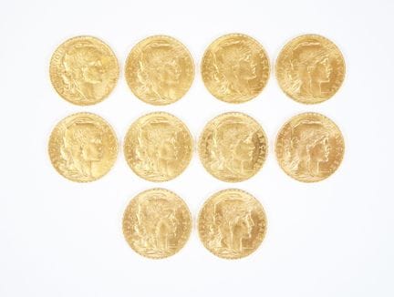 Set of ten 20-franc gold coins, Marianne, 1909.