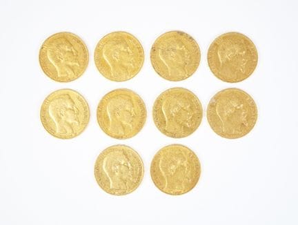 Set of ten 20-franc gold coins, Napoleon III bareh