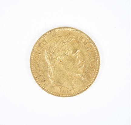 20 franc gold coin, Napoleon III head, 1865.
