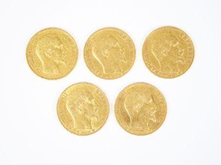 Set of five 20-franc gold coins featuring Napoleon