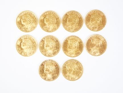 Set of ten 20-Swiss-franc gold coins, 1935.