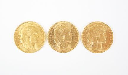 Set of three 20-franc gold coins, Marianne, 1910.