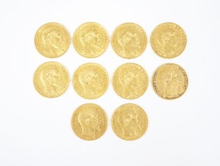 Set of ten 20-franc gold coins, Napoleon III bareh