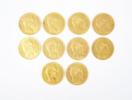 Set of ten 20-franc gold coins, Napoleon III bareh