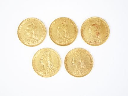 Set of five gold sovereigns, Victoria Jubilee Head