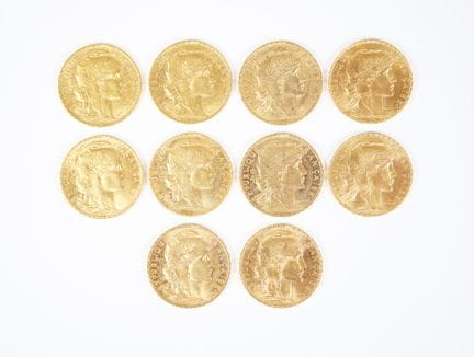 Set of ten 20-franc gold coins, Marianne, 1908 (x3