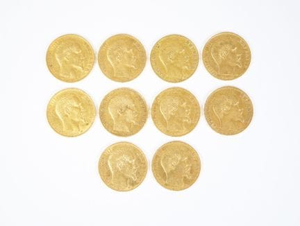 Set of ten 20-franc gold coins featuring Napoleon 