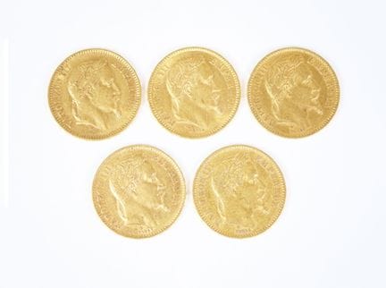 Set of five 20-franc gold coins, Napoleon III with