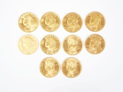Set of ten 20-Swiss-franc gold coins, 1935.