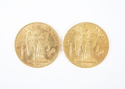 Two 20-franc gold coins, "Génie," 1877 A and 1878 