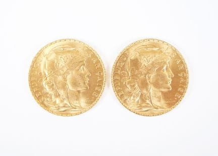 Two 20-franc gold coins, Marianne, 1912.