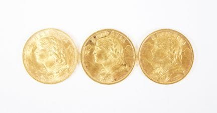 Set of three 20 Swiss franc gold coins, 1927.