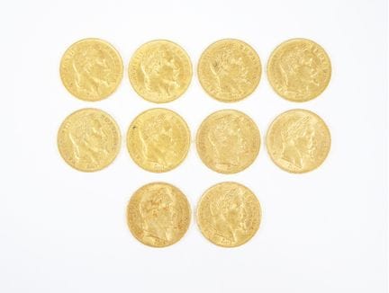 Set of ten 20-franc gold coins, Napoleon III with 