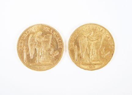 Two 20-franc gold coins, "Génie," 1875 A and 1876 