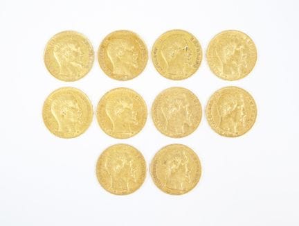 Set of ten 20-franc gold coins, Napoleon III bareh