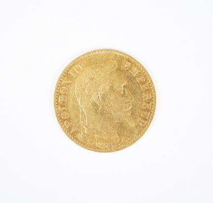 10 franc gold coin, Napoléon III head, 1865 A.