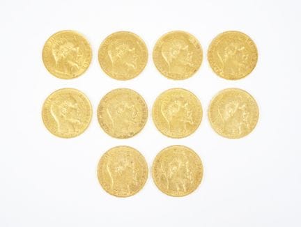 Set of ten 20-franc gold coins featuring Napoleon 