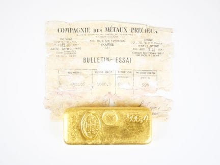 1 kg (996.4 g) yellow gold ingot, numbered 652 106