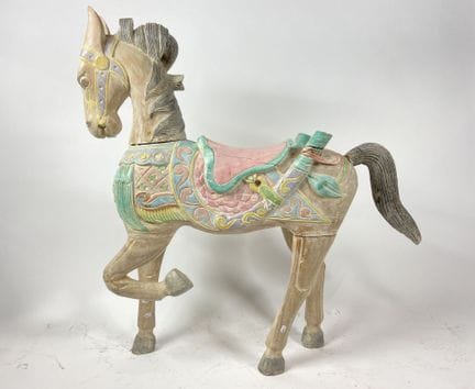 Modern merry-go-round horse in polychrome wood.
10