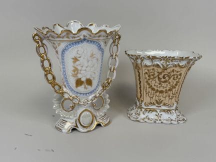 Two polychrome and gold porcelain bridal vases dec