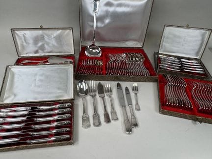 Large silver plated serving set with a leaf motif,