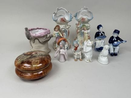Set of 9 bisque and porcelain display pieces, incl